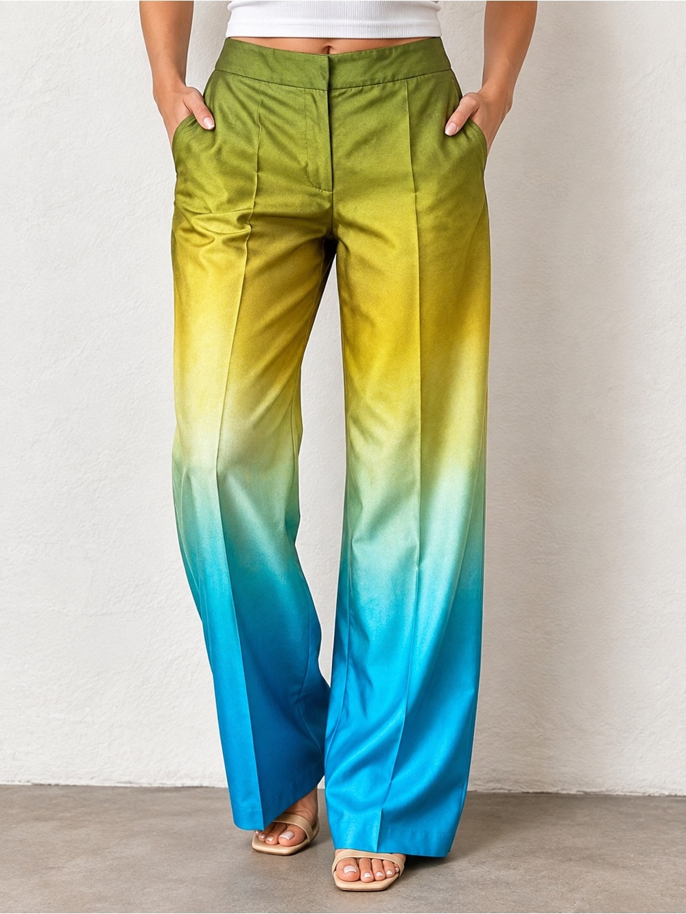 ZARA Green Blue Ombre Wide Leg Trousers Pants Size M